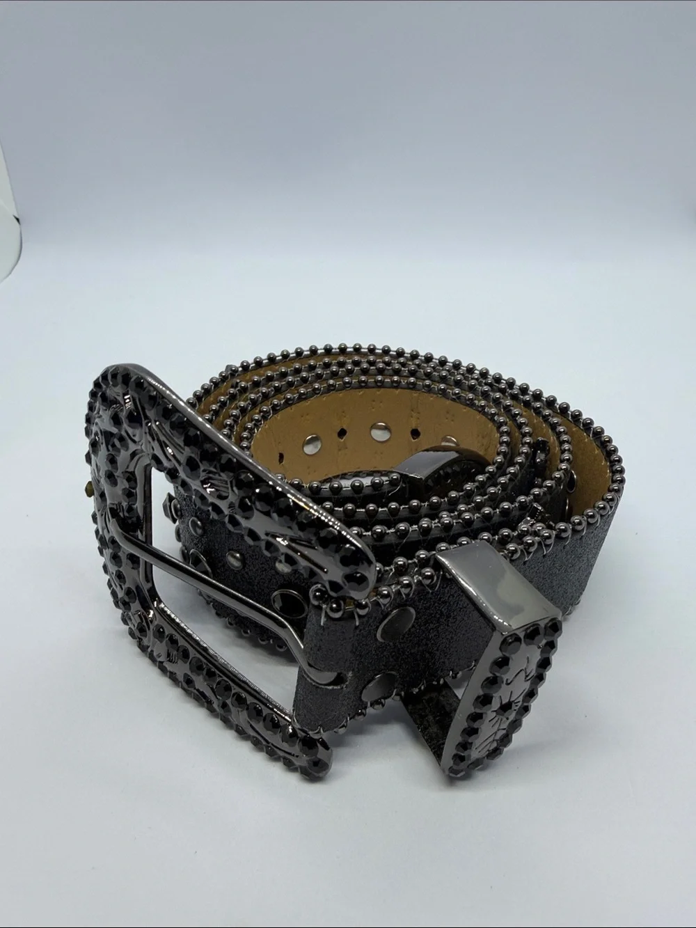 Men’s Black Studded Belt with Decorative Gunmetal Buckle